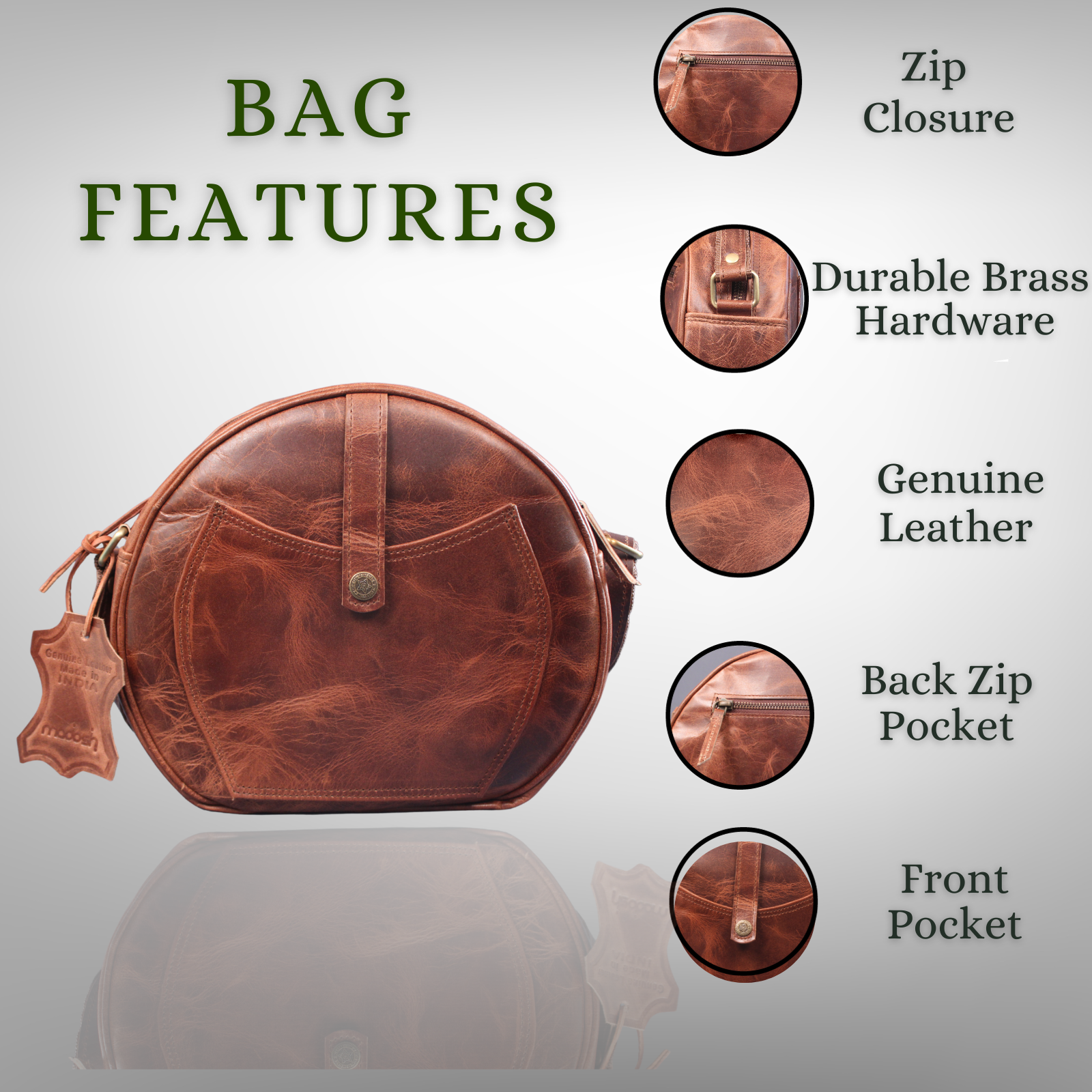 Madosh Genuine Leather Crossbody Sling Bag |Brown Leather Bag | Unique Round layout |Spacious Compartments| Women everyday use.